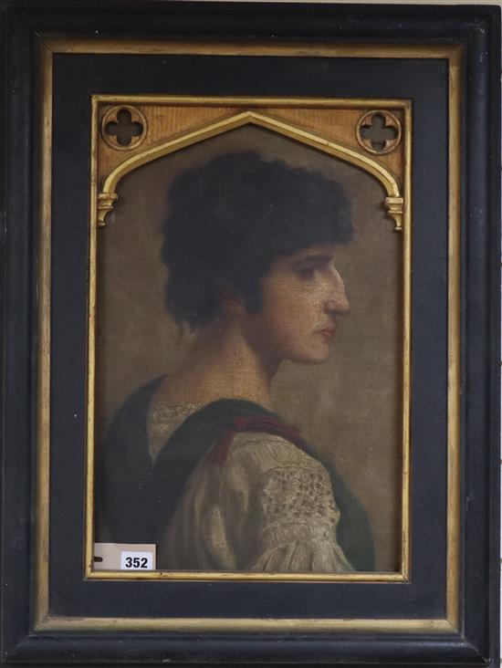 Follower of Lord Leighton, profile head and shoulder portrait of a young man, oil on canvas laid on board, 46 x 30cm